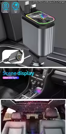 120W PD+USB Fast Charger with 2 Retractable Cables, Car Phone Charger with Ambient Light, 4 in 1 Power Adapter