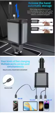 120W PD+USB Fast Charger with 2 Retractable Cables, Car Phone Charger with Ambient Light, 4 in 1 Power Adapter