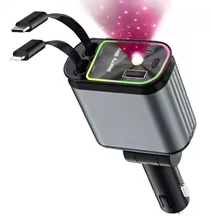 120W PD+USB Fast Charger with 2 Retractable Cables, Car Phone Charger with Ambient Light, 4 in 1 Power Adapter